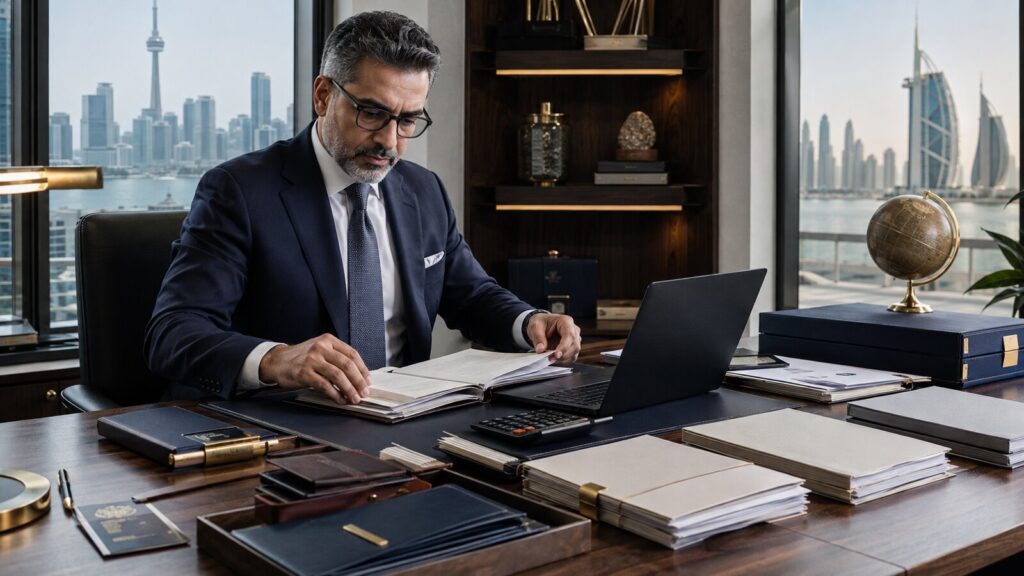 Senior CPA organizing complex Canadian and Canada–UAE tax records for 2026 filing