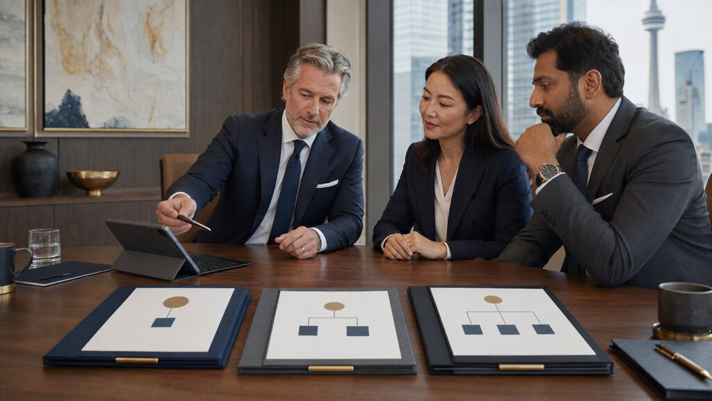 Business owner and CPAs comparing Canadian sole proprietorship, partnership and corporation structures