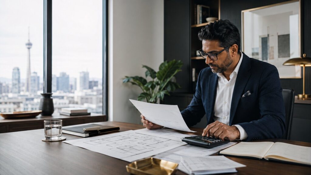 CPA reviewing home office expense records and a floor plan for a 2026 Canadian tax claim