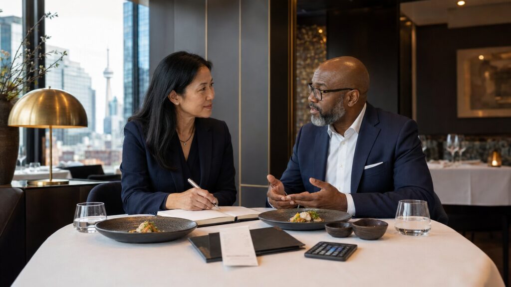 Professionals documenting a Canadian business meal and entertainment expense