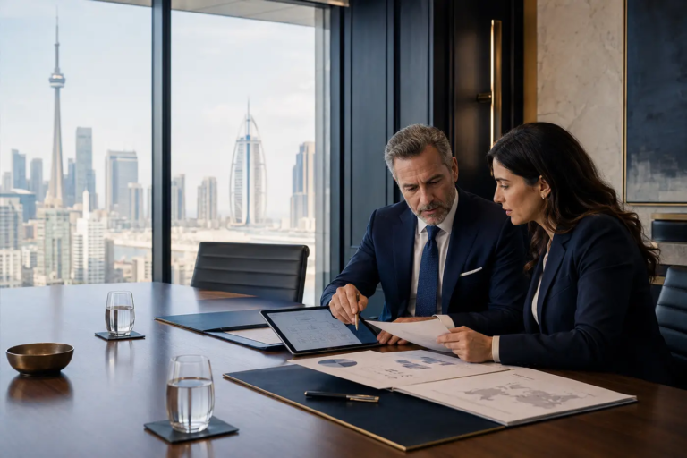 Senior CPAs reviewing Canadian and international tax strategy
